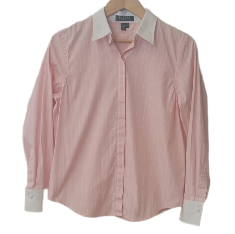 Lauren Ralph Lauren Pink White Stripped Long Sleeve Button Down Shirt P/L